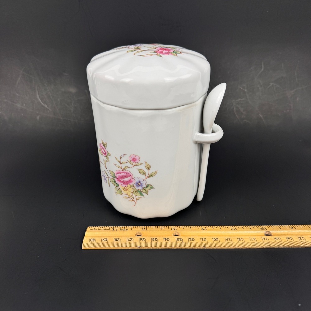 1Vtg 80s FTDA White Ceramic Floral Canister Jar w Lid Spoon Holder Tabletop READ
